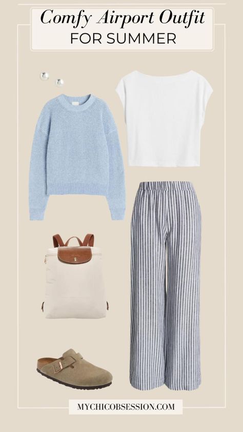 Comfy Airport Outfits to Elevate Your Summer Travel Wardrobe - MY CHIC OBSESSION Casual Sightseeing Outfit Summer, Classy Travel Outfit Airport Style, Airport Outfit Comfy Long Flight, Summer Airport Outfit Travel Style, Comfy Airport Outfit Summer, Outfits For Europe Summer, Flight Outfit Airport Style, Summer Comfy Outfits, Europe Wardrobe