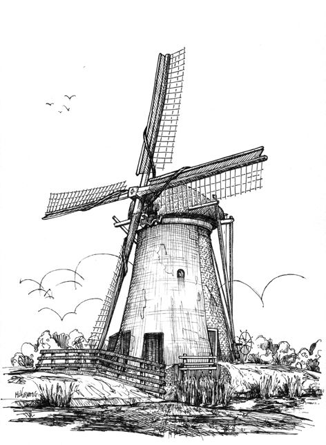 Windmill Drawing, Windmill Art, Cityscape Drawing, Landscape Pencil Drawings, Pen Art Work, Drawing Scenery, Nature Art Drawings, Pen Art Drawings, Dutch Windmills