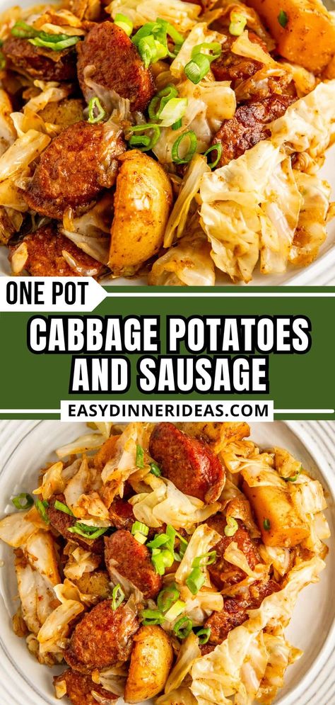 Cabbage, potatoes and sausage will be your new favorite comfort food! Hearty smoked sausage is cooked all in one-pot with tender cabbage and potatoes for an easy dinner that will please the entire family. Cabbage Potatoes And Sausage, Cabbage Sausage Potato, Cabbage Recipes With Sausage, Kilbasa Sausage Recipes, Cabbage And Smoked Sausage, Polish Sausage Recipes, Smoked Sausage Casserole, Cabbage Recipes Southern, Potatoes And Sausage