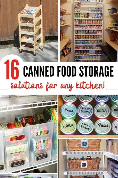 Learn how to organize canned food in ways to save time, money, and pantry space with these easy canned food storage ideas. These 16 mind-blowing canned food storage hacks that will get your pantry in order in no time. #cannedfood #cannedfoodstorage #pantryorganization Can Good Storage Ideas, Canned Food Storage Ideas, Canned Good Storage, Diy Food Storage, Food Storage Ideas, Food Storage Cabinet, Diy Pantry Organization, Storage Hacks Diy, Kitchen And Pantry