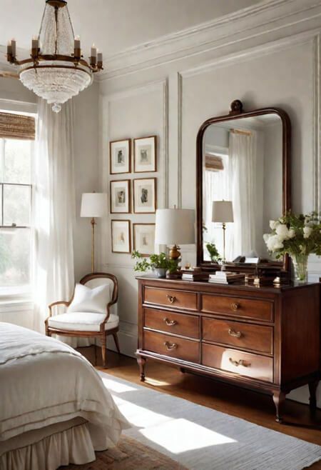 How to Decorate the Top of a Dresser. Dresser decorating ideas. Nancy Meyers aesthetic. white bedroom decorating ideas. stained wood dresser. chandelier in bedroom. Dressers In Bedrooms, Off Center Mirror Over Dresser, Home Beauty Room Ideas, Styling A Bedroom Dresser Top, Decor Above Dresser Master Bedrooms, White Wood Bedroom Ideas, How To Interior Design, How To Decorate A Bedroom Aesthetic, Nancy Meyers Home Aesthetic