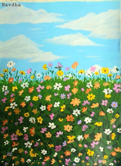 Bed Of Flowers Drawing, Dog In Flower Field Painting, Simple Flower Field Painting, Painting Of A Field, Field Of Flowers Drawing Easy, Flower Field Cartoon, Flower Field Drawing Easy, Flower Field Painting Easy, Field Of Flowers Drawing