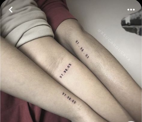 Tattoos To Get With Siblings, Minimal Brother Sister Tattoo, 1 Out Of 3 Sibling Tattoo, Sibling Tattoos For 3 Meaningful Small, Sibling Matching Tattoos For 3, Matching Tats For Siblings, Matching Tattoos For Trio Best Friends, Sibling Years Tattoo, Matching But Different Tattoos Siblings