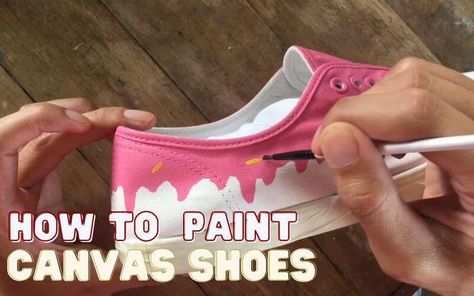 A Beginner's Guide To Painting Canvas Shoes – glytterati Tennis Shoe Painting Ideas, How To Paint Tennis Shoes Diy, How To Decorate Canvas Shoes, Painting On Canvas Shoes Diy, Fabric Paint Crafts Ideas, Painting Canvas Sneakers, Painting On Vans Shoes, Best Paint For Shoes, Paint Tennis Shoes Diy