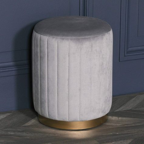 Velvet Footstool, Velvet Stool, Dressing Table Vanity, Opulent Interiors, Reproduction Furniture, Round Stool, Living Room Spaces, Vanity Table, Grey Velvet