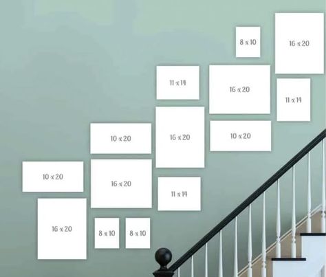 Gallery Wall Layout With Sizes Stairs, Family Photo Gallery Wall Stairway, Photo On Stairs Wall Ideas, Family Picture Wall Ideas Stairs, Ikea Frames Gallery Wall Stairs, Stairs Frames Ideas, Stairway Frame Layout, Picture Collage On Stair Wall, How To Place Photos On The Wall