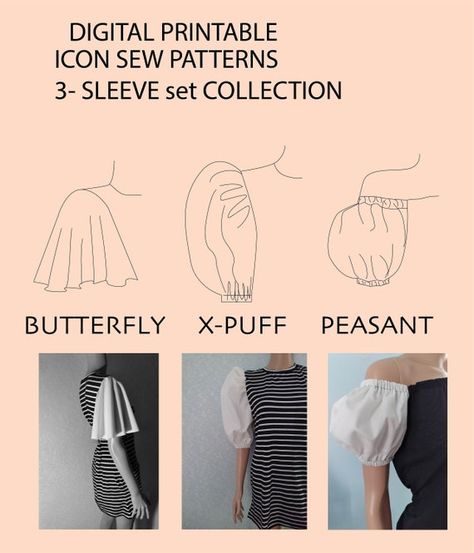 Manche, French Sleeve Pattern, Puffy Sleeve Pattern Sewing, Different Puff Sleeves Pattern, Butterfly Sleeve Dress Pattern, Butterfly Sleeves Dress, Peasant Sleeve Pattern, Puff Sleeve Sewing Pattern, Angel Sleeve Pattern