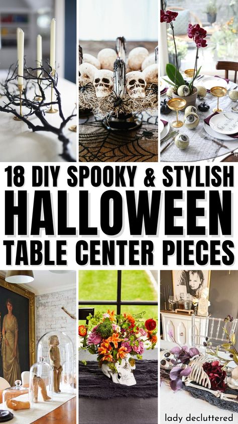 18 DIY Spooky & Stylish Halloween Table Center Pieces Scary Halloween Centerpiece Ideas, Round Table Halloween Centerpiece, Vase Halloween Decor, Formal Dining Room Halloween Decor, Halloween Decorations Indoor Dining Table, Halloween Table Centrepiece, Halloween Kitchen Island Centerpiece, Halloween Cocktail Table Decor, Halloween Table Arrangements