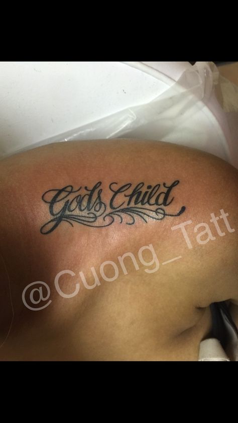 "God Child" fine line lettering Tattoo! Faith In God Tattoo Ideas, God's Favorite Tattoo, God Got Me Tattoo, Gods Favourite Tattoo, Gods Child Tattoo, God Tattoos For Women Half Sleeves, Trust God Tattoo, Child Of God Tattoo, Gods Plan Tattoo