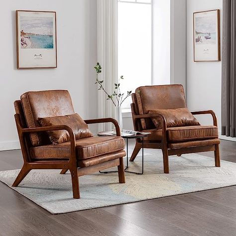 Amazon.com: Mid Century Modern Accent Chair Set of 2 Living Room- Comfy Solid Wood Arm Chair with Lumber Pillow Lounge Decorative Brown Leather Office Side Chair for Bedroom Reading Nook Sillas De Sala : Home & Kitchen Side Chairs Bedroom, Leather Bedroom, Bedroom Reading Nooks, Brown Accent Chair, Living Room Chairs Modern, Mid Century Modern Accent Chairs, Brown Leather Chairs, Accent Chair Set, Comfy Living Room