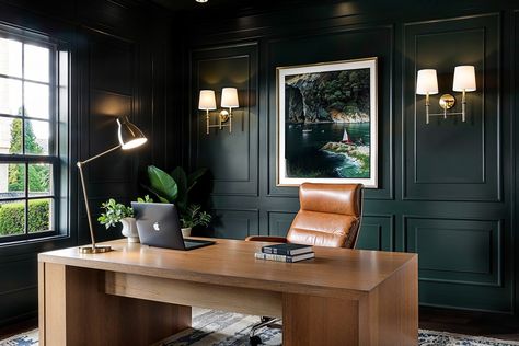 Before & After: Dark Green Home Office Transformation - Decorilla Online Interior Design Studio Green Farrow And Ball Office, Office With Dark Green Walls, Hunter Green Home Office, Dark Green Entryway Walls, Moody Dark Office, Office With Green Walls, Dark Green Office Aesthetic, Deep Green Office, Dark Green Office Walls