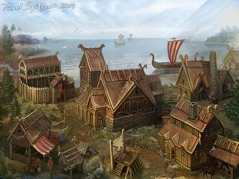 Location northern village by CG-Zander on DeviantArt Vikings Village, Village Rpg, Norse Village, Viking City, Viking Town, Casa Viking, Viking Ships, Nordic Architecture, Viking House