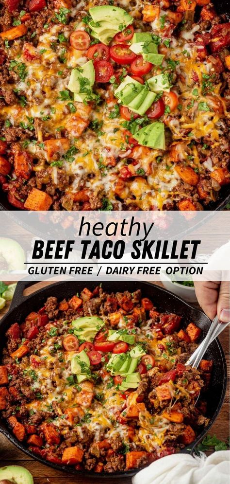 Use one pan to make this healthy taco skillet featuring ground beef, tender sweet potatoes and all the best taco topping. A healthy meal made in one pan will always have my heart. We love this simple dinner because it's packed with protein and veggies. Research shows exercise is more effective for weight management when paired with high-protein foods, like beef. We're even sharing a simple way to make this whole30, paleo and dairy free. #OhioBeef #Partner @ohiobeefcouncil Beef Taco Skillet, Ground Beef Paleo Recipes, Paleo Ground Beef, High Protein Recipes Dinner, Taco Skillet, Protein And Veggies, Healthy Taco, High Protein Dinner, Healthy Ground Beef