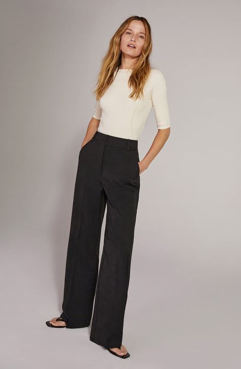 Favorite Daughter The Fiona High Waist Wide Leg Pants | Nordstrom Flat Front Pants Women, Trousers Outfit For Women, London Women Fashion, Black Dress Pants Outfits, Formal Black Pants, Job Interview Outfits For Women, Wide Leg Trousers Outfit, Slacks Outfit, Dress Pants Outfits