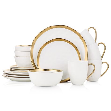 Stone Lain Florian Modern Porcelain Dish Set, 16-Piece Dishes for 4, Gold and White - Walmart.com - Walmart.com Dinnerware Set Modern, White Dinnerware Set, China Dinnerware Sets, Plates And Bowls Set, Artfully Designed, Porcelain Tableware, Kitchen Dinnerware, Porcelain Dish, Porcelain Dinnerware