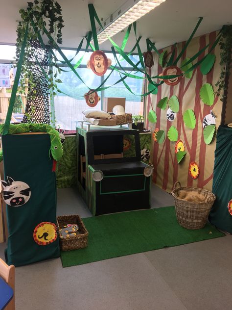 Jungle Area Eyfs, Jungle Theme Dramatic Play Preschool, Safari Role Play, Jungle Role Play, Jungle Role Play Area Eyfs, Zoo Play Ideas, Zoo Role Play Area, Eyfs Jungle Activities, Rainforest Dramatic Play Preschool