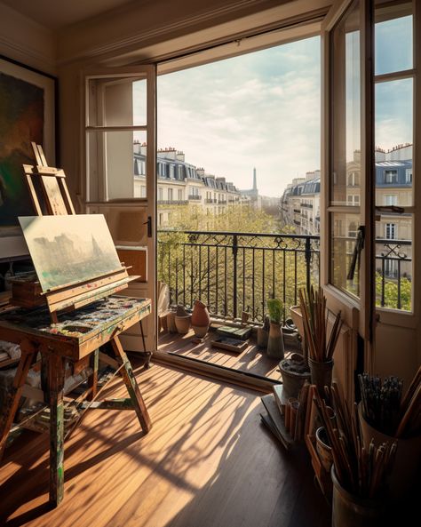 Victorian Art Studio, Parisian Art Studio, Painting Room Ideas Art Studios, Painting Studio Aesthetic, Aesthetic Art Studio, Art Studio Aesthetic, Studio With Balcony, Dream Art Room, Art Studio Space