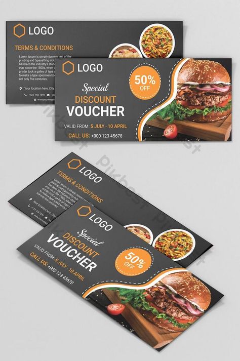 Promo Cards Design Ideas, Food Coupon Design Ideas, Promo Card Design, Discount Card Design Ideas, Restaurant Voucher Design, Food Coupon Design, Discount Coupon Design, Coupon Design Ideas, Voucher Design Coupon