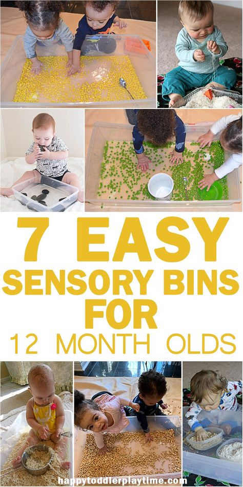 7 Easy Sensory Bins for 12 Month Olds – HAPPY TODDLER PLAYTIME Learning starts when all the senses are engaged. Here is a list of 7+ easy sensory bin ideas you can do with your baby from 12 months and up. 12 Month Old Arts And Crafts, 12 Month Activities Play Ideas, Sensory Activities For 12 Month Old, Sensory For Infants, All About Me Sensory Bin, Sensory Play For 1 Year, One Year Old Crafts, 12 Month Old Activities, Easy Sensory Bins