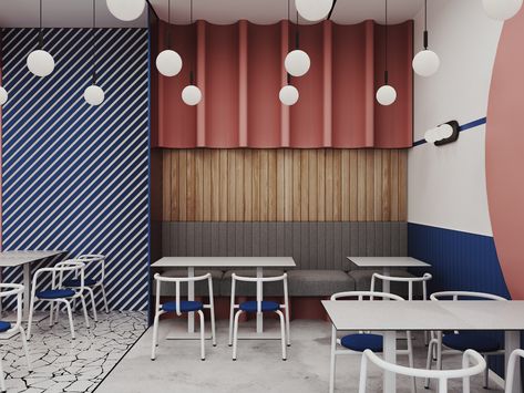 Mixed Cafe & Bar | Behance Bauhaus Interior Design, Cafe Bar Interior, Cafe Color, Modular Floor Plans, Red Restaurant, Geometric Shapes Wallpaper, Shoe Store Design, Modern Restaurant Design, Blue Cafe