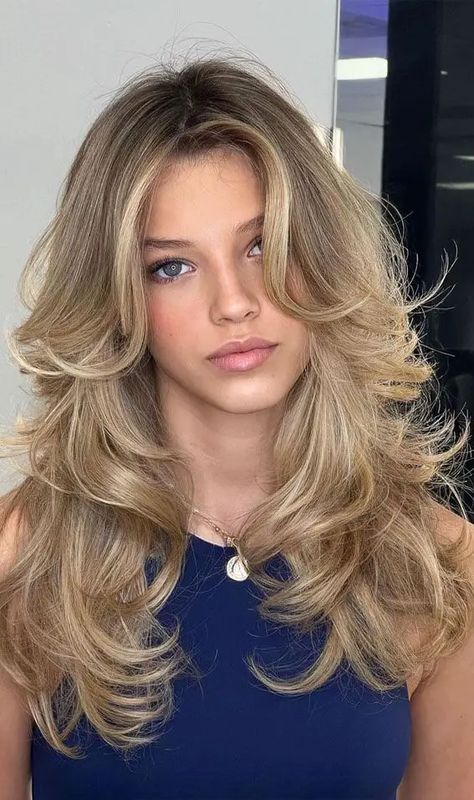 Butterfly Haircut 18 Ideas: Embrace the Beauty of Transformation Haircuts For Curly Blonde Hair, Haircut Ideas Blonde Hair, Butterfly Haircut Without Bangs, Curled Styled Hair, Butterflies Haircut, Butterfly Haircut Long Hair With Bangs, Long Blond Haircut, Wavy Hair Ideas Hairstyles, Wavy Butterfly Haircut