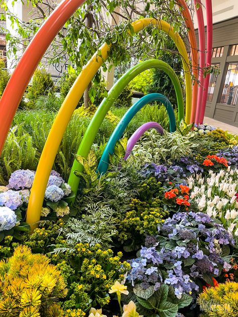 Rainbow Flower Arch, Rainbow Garden Ideas, Colorful Garden Ideas, Sensory Park, Rainbow Fence, Rainbow Flower Garden, Nursery Cafe, Bridge Garden, Hippie Garden