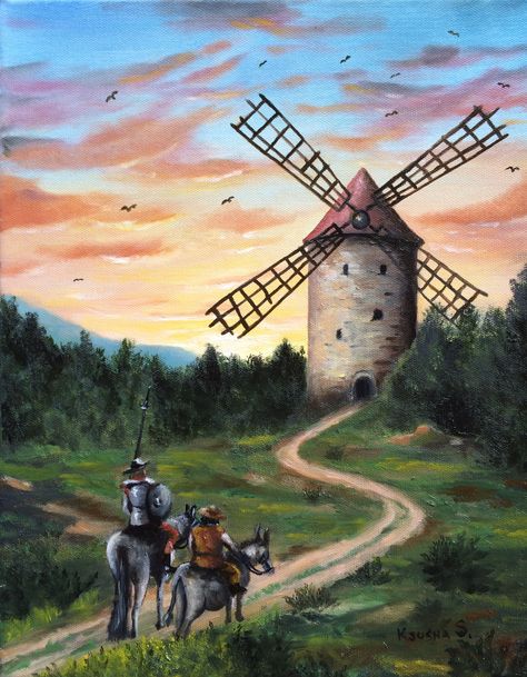 Don Quixote and Windmill By  Me (Ksusha Scott) Don Quixote Windmill, Don Quixote Painting, Don Quixote Illustration, Don Quixote Aesthetic, Don Kichote, Windmill Aesthetic, Don Quixote Art, Windmill Images, Cold Porcelain Tutorial