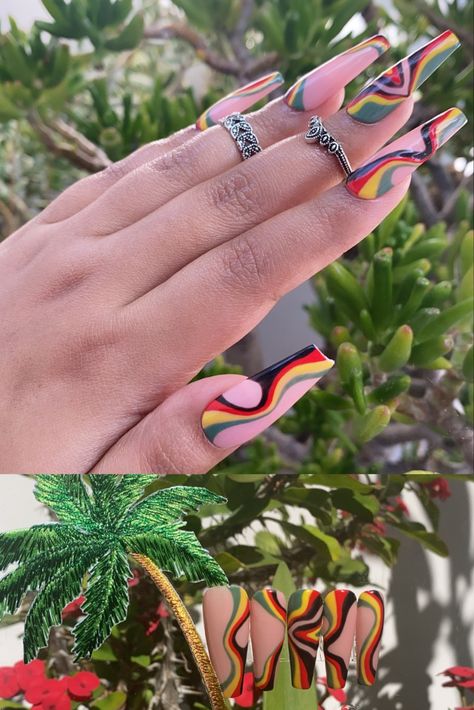 Nails For Jamaica Trip, Jamaican Style Nails, Afrocentric Nail Art, Rasta Color Nails, Rasta Nails Acrylic, Reggae Nails Rasta Colors, Rasta Nails Design, Jamaica Nail Designs, Nails Jamaica