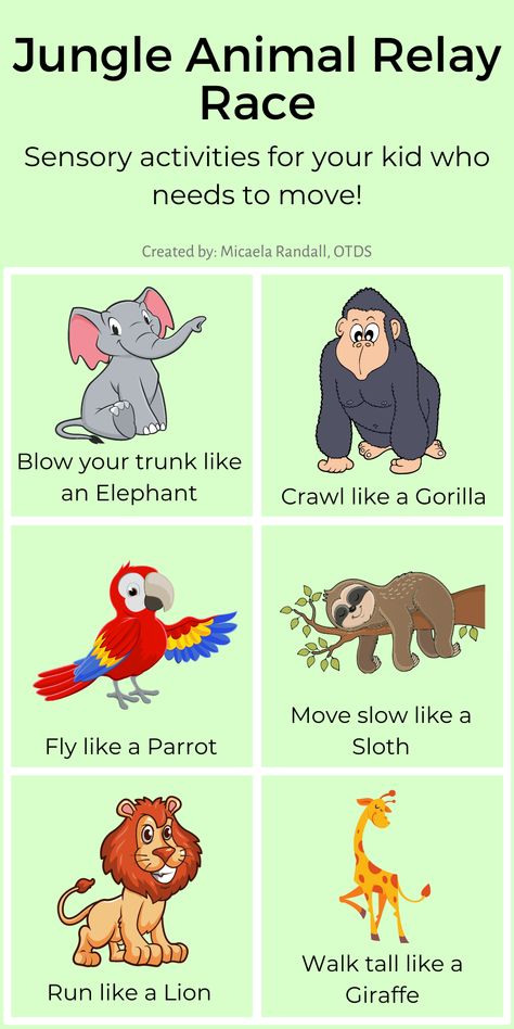 Need a brain break for your students? Trying to work with a Sensory kiddo? Have a child that never seems to lack energy? Try doing a relay race or an imitation game where each child acts like an animal: hop, crawl, fly, run,slither, jump! Just 5 minutes might make a huge difference. #teacher #students #therapy #intervention #activity #animal #kids #sensory #proprioception #vestibular #brainbreak #movement Animal Large Motor Activities, Gross Motor Animal Activities Preschool, Zoo Animal Gross Motor Activities, Zoo Movement Activities Preschool, Jungle Themed Sensory Activities, School Age Animal Activities, Jungle Theme Stem Activities, Jungle Themed Gross Motor Activities, Walk Like An Animal Activity