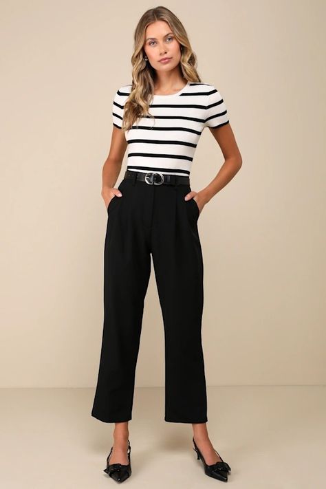 Black High Rise Pants - Wide Leg Pants - Twill Trouser Pants - Lulus Wide Black Pants Outfit Casual, Black And White Professional Outfits, Black Trousers Outfit Summer, Black Pants Outfit For Work, High Waisted Trousers Outfit, Wide Leg Black Pants Outfit, Trousers Outfit Summer, Black Trouser Outfit, Black Slacks Outfit