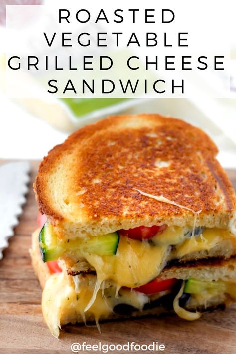 This Roasted Vegetable Grilled Cheese Sandwich is the ultimate sandwich made with two kinds of cheese, oven-roasted veggies & golden buttery sourdough bread | Grilled Cheese Ideas | Sandwiches | Lunch Ideas | Vegetarian #grilledcheese #sandwichideas #vegetarian #lunchideas #sandwiches #sponsored by Roth Cheese Sandwiches Lunch Ideas, Grilled Cheese Ideas, Lunch Ideas Vegetarian, Veggie Grilled Cheese, Sandwiches Lunch, Cheese Ideas, Ultimate Sandwich, Roasted Veggies In Oven, Baguette Sandwich