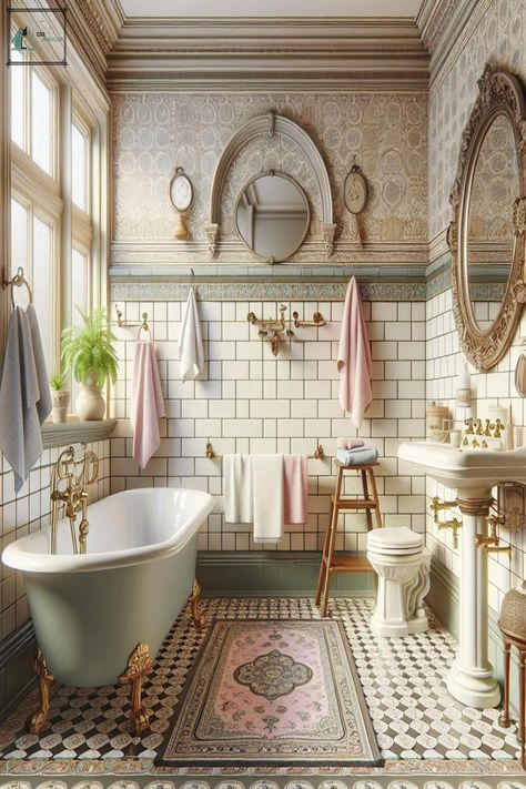 Best 40 Vintage Bathroom Idea With Retro Decor Bath And Shower Bathroom, Bathroom Shower Wallpaper, Vintage Bathroom Vanity Ideas, Bathroom Design Tub, Clawfoot Tub Ideas, Vintage Vanity Bathroom, Chateau Bathroom, Antique Style Bathroom, Retro Bathroom Vanity