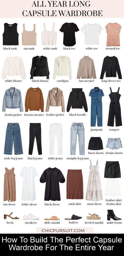 Are you looking for an easy way to build a year round capsule wardrobe from scratch? If so, these are the exact (and only!) pieces you need. Edgy Capsule Wardrobe, Year Round Capsule Wardrobe, Wardrobe From Scratch, Dress With Turtleneck, Building A Capsule Wardrobe, Minimalist Wardrobe Capsule, Capsule Wardrobe Casual, Capsule Wardrobe Minimalist, Capsule Wardrobe Women