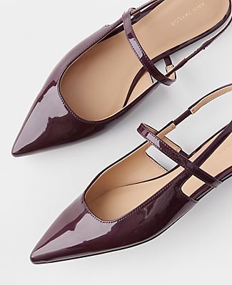 Sleek and strappy, our patent pointy toe flats build your look from the ground up. Pointy toe. Padded footbed for complete comfort. 1/4" heel.,Imported:Imported,Fabrication:Faux Leather Patent Strappy Pointy Toe Flats by Ann Taylor Size regular - 5 Midnight Grape Women's Flat, Flats, Footwear, Faux, Leather Womans Dress Shoes Flats, Point Toe Shoes, Trendy Flat Shoes, Work Dresses With Flats, Pointed Toe Kitten Heels Outfit, Work Outfits Flats, Women’s Flats, Trendy Flats For Women, Pointed Toe Flats Outfit