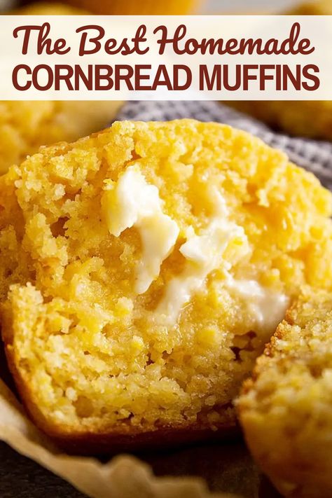 Cornbread muffin cut in half with butter. Homemade Cornbread Muffins, Easy Cornbread Muffins, Recipe Cornbread, Sweet Cornbread Muffins, Creamed Corn Cornbread, Homemade Cream Corn, Cornbread Muffins Recipe, Cornbread Cake, Cornbread Recipe Sweet