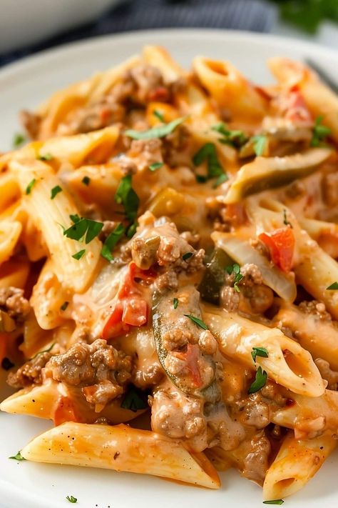 This Rotel pasta is creamy, dreamy, and full of delicious flavor! The combo of ground beef and Rotel tomatoes in a melty cream cheese sauce is divine. Essen, Creamy Ground Beef Noodle Casserole, Supper Pasta Ideas, Healthy Meal Ground Beef, Beef And Rotel Recipes, Rotel Sausage Pasta, Rotel And Ground Beef Recipes, Healthy Dinner Recipe With Ground Beef, Ground Beef Creamy Pasta