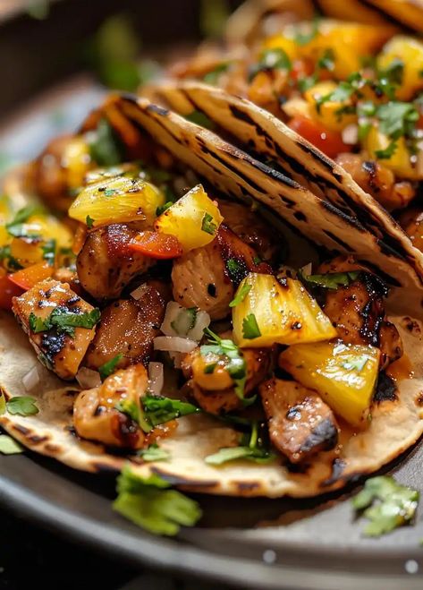 Teriyaki Chicken Tacos with Grilled Pineapple Pear Salsa Teriyaki Tacos Chicken, Pineapple Teriyaki Chicken Sandwich, Chicken Teriyaki Tacos, Healthy Taco Dinner Recipes, Dinners With Pineapple, Teriyaki Chicken Tacos With Pineapple, Pineapple Tacos Chicken, Asian Tacos Chicken, Thai Chicken Tacos