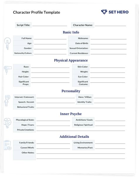 Character Profile Breakdown Template - SetHero Character Creation Sheet, Character Profile Template, Character Sheet Writing, Character Worksheets, Character Sheet Template, Profile Template, Writing Prompts Funny, Character Template, Make A Character