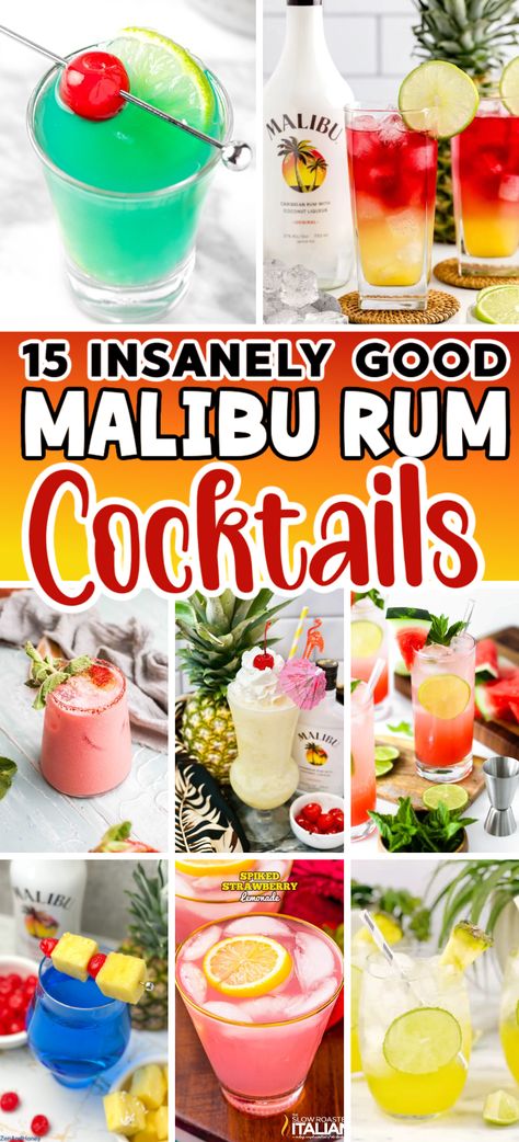 Malibu Rum Drink Recipes – Try these insanely good Malibu Rum Cocktails for your tropical hour! Fun and flavorful adult beverages using the one and only – Malibu Coconut Rum! Best Drink Recipes Alcohol, Fun Drinks With Malibu, Mixed Drinks Alcoholic Malibu, Good Drinks Alcohol, Things To Mix With Malibu, Mix Drinks With Malibu Rum, Simple Fruity Alcohol Drinks, Group Drinks Alcohol, Malibu Mixed Drinks Recipes