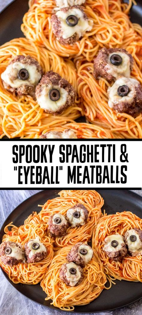 You ever feel like you're being watched? This spooky Spaghetti and Meatballs "Eyeball" Pasta is perfectly creepy for Halloween dinner. Cheese stuffed meatballs with olives turn into eyeballs on top of a bed of noodles. | www.persnicketyplates.com Halloween Themed Spaghetti, Halloween Theme Dinner For Kids, Halloween Pizza Party Ideas, Spooky Food Ideas Creepy Halloween, Meatball Eyeballs Halloween, Halloween Pasta Dishes, Halloween Themes Food, Spooky Spaghetti And Meatballs, Hocus Pocus Dinner Food