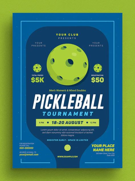 Pickleball Tournament Event Flyer Template PSD, AI Padel Tournament Poster, Pickle Ball Tournament Ideas, Pickleball Graphic Design, Sports Tournament Poster, Pickleball Logo Design, Pickleball Poster, Padel Tournament, Pickleball Graphics, Pickleball Logo