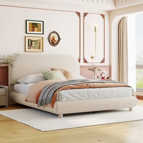 Curve-shaped Beige Teddy Fleece Platform Bed with Thick Fabric Upholstered Solid Wood Slat Support Low Profile Panel Bed Frame - On Sale - Bed Bath & Beyond - 39437126 Queen Platform Bed Frame, Wood Frame Construction, Teddy Fleece, Adult Bedroom, Queen Platform Bed, Upholstered Panel Bed, Beds And Headboards, Thick Fabric, Bed Frame And Headboard