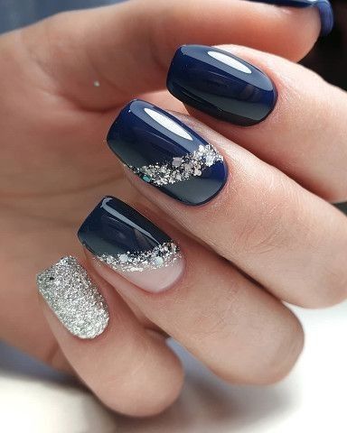 Navy And Silver Nails, Navy Nails Design, Cute Easy Nail Art, Blue And Silver Nails, Navy Nails, Silver Nail Designs, Unghie Sfumate, Bridesmaids Nails, January Nails