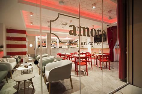 Amore Coffee Shop by Vitale Parisian Cafe Interior, Italian Coffee Shop, Castellon Spain, Bakery Shop Interior, Coffee Shop Counter, City Cafe, Red Restaurant, Bakery Shop Design, Bakery Interior