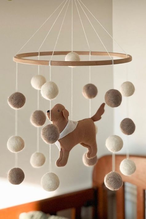 Upcycling, Puppy Mobile Nursery, Neutral Nursery Animals, Golden Retriever Mobile, Golden Doodle Nursery, Gender Neutral Mobile, Dog Mobile Nursery, Golden Retriever Nursery Ideas, Puppy Dog Nursery Theme