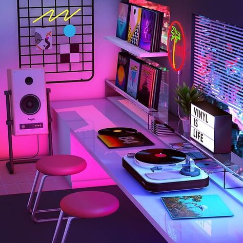 Retro Aesthetics Nostalgia Artwork inspired by synthwave music scene. Synthwave expresses nostalgia from 1980s / 1990’s culture ( Films, Video Games, Cartoon ) , attempting to capture the era’s atmosphere. • Millions of unique designs by independent artists. Find your thing. 80s Room, Life Artwork, Retro Bedrooms, Neon Room, Retro Room, New Retro Wave, Gaming Room Setup, Neon Aesthetic, Gamer Room