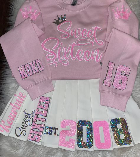 Sweet 16 Birthday Sweatshirt and Skirt Outfit Custom Birthday Sweaters, Cute Sweet 16 Outfits Casual, Tennis Skirt Birthday Outfit, Sweet 16 Skirt Outfits, Sweet 16 Outfits For School, Pink Sweet 16 Outfit Ideas, Sweet 16 School Outfit, Outfit For A Birthday Dinner, Sweet 16 Birthday Dinner Outfit