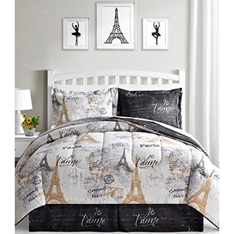 BonJour Paris, Eiffel Tower, Black, White & Gold Reversible Twin Comforter Set (6 Piece Bed in A Bag) + Homemade Wax MELT Best Quilted Comforter, Set USA Paris Bedroom Ideas For Kids, Paris Bedroom Ideas For Teens, Paris Girls Bedroom, Paris Room Decor, Paris Themed Bedroom, Paris Decor Bedroom, Paris Rooms, Full Comforter Sets, Paris Bedroom