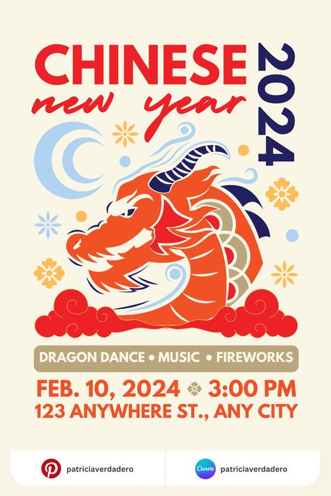 Here's your Chinese New Year of the Dragon Event Poster Canva Template for Pro and Free User! Follow us for more #illustration #element #icons #characters #design #creative #create #createdesign #canvapro #canvacreator #canva #handdrawn #illustrator #madewithcanva Lunar New Year Poster Design, Poster Chinese New Year, Chinese New Year Design Poster, Cny Poster Design, Chinese New Year Graphic Design, Chinese New Year Poster Design, Chinese New Year Graphic, Cny Poster, Chinese Poster