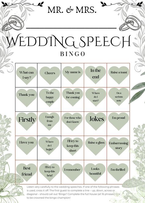 Keep guests entertained by giving them this 5 × 7 inches UK standard size wedding speech bingo card. Instructions on how to play are on the card. Digital download. Wedding Games, Wedding Speech Bingo, Wedding Photo Bingo, Wedding Bingo, Cue Cards, Bingo Card, Sage Green Wedding, Wedding Speech, Beautiful Friend